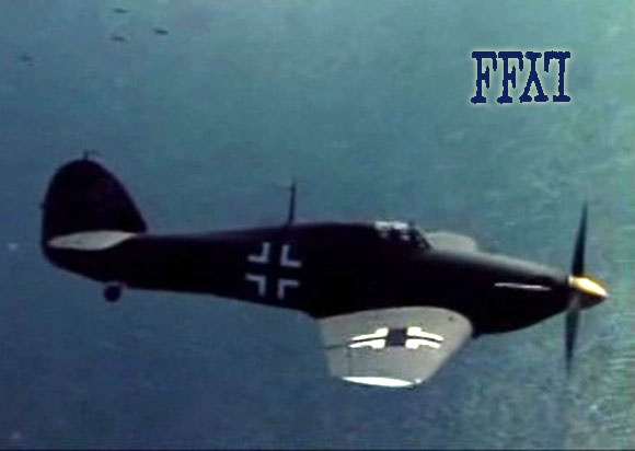 Dal Russel flying a Hurricane painted to look like a Messerschmitt for the Movie Captains Of The Clouds